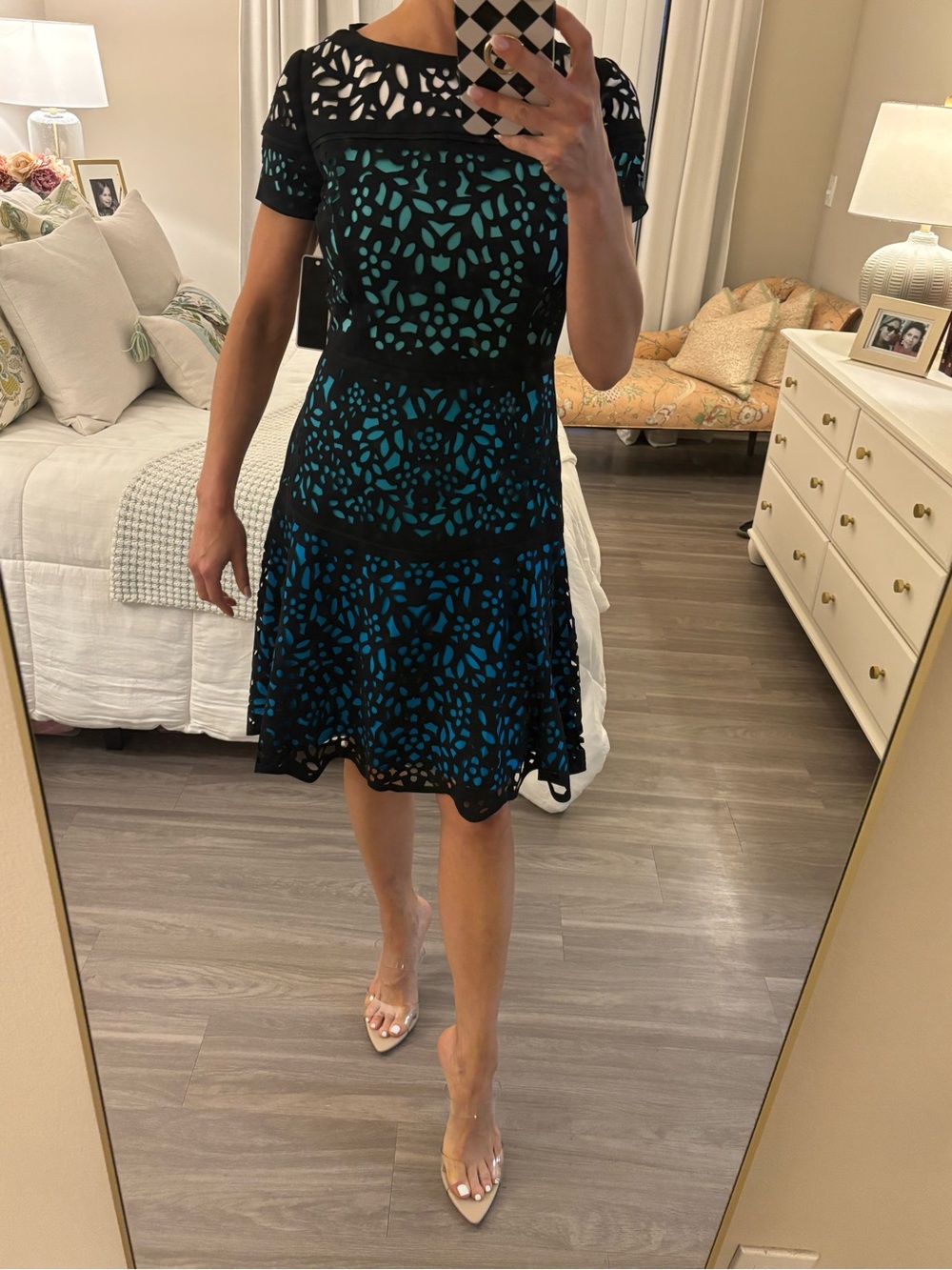 🖤 NWT Shani Ombre Laser Cut Fit & Flare Dress in Black/Teal | Size 4